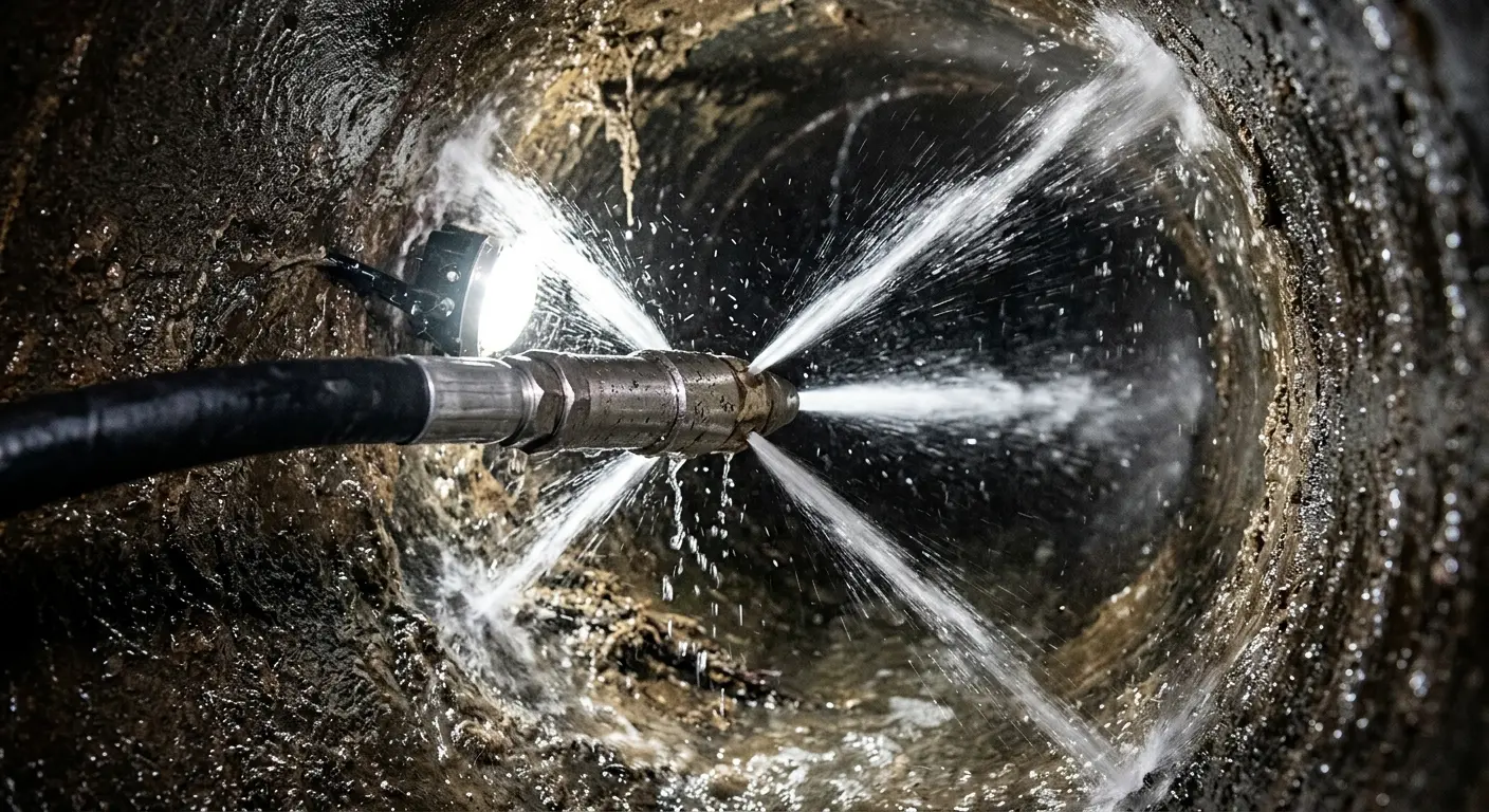 High-pressure hydro jetting nozzle cleaning sewer pipe for Sewer Cleanout in Meriden