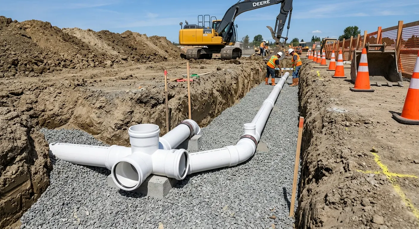 New PVC sewer pipe installation in open trench for Sewer Backup in Meriden