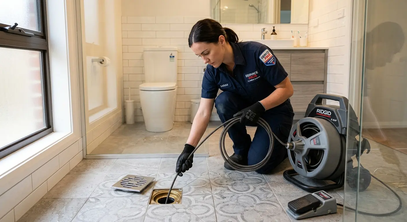 Technician clearing a bathroom floor drain for Drain Cleaning in Meriden